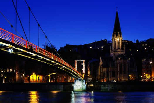 Footbridge over river saone at night, Lyon, France