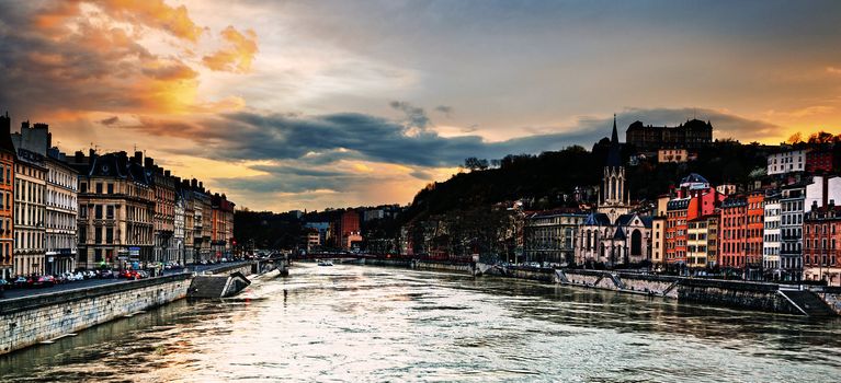 Bridge over river saone at sunset, Lyon, France