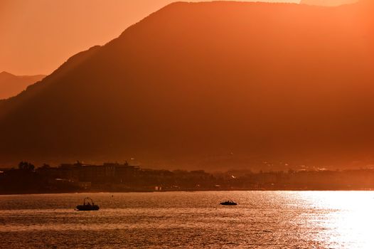 Small vessels against the mountain in the harbor port of Alanya. Turkey