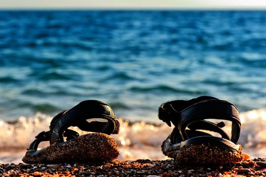 Beach shoes at the edge of the sea on the sandy beach.