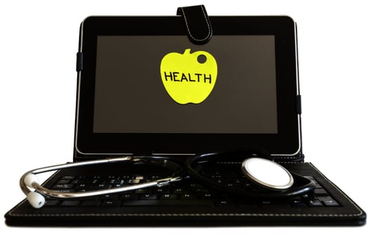 Digital tablet pc  and stethoscope, health concept on white background