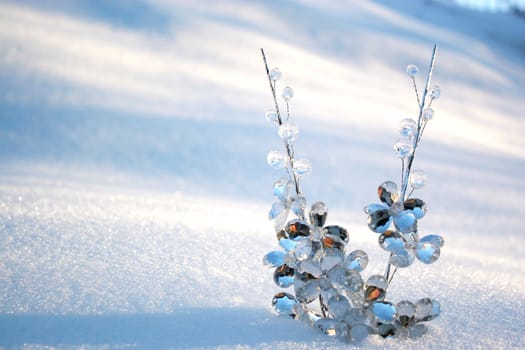 Two crystal branches trees in  the snow in a winter day