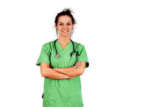 Young nurse or female doctor student in green scrubs smiling
