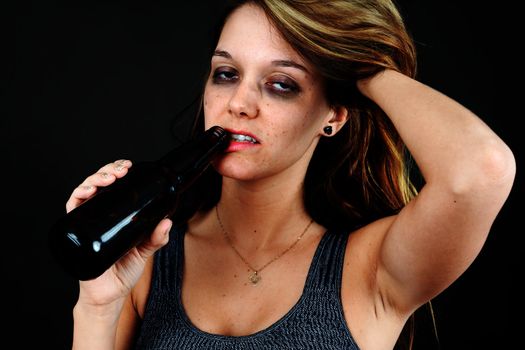 Beautiful young woman completely drunk or alcoholic