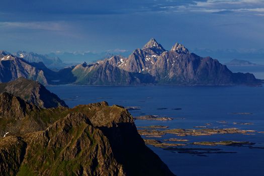 Scenic view of sharp mountain peaks on Lofoten islands in Norway during summer