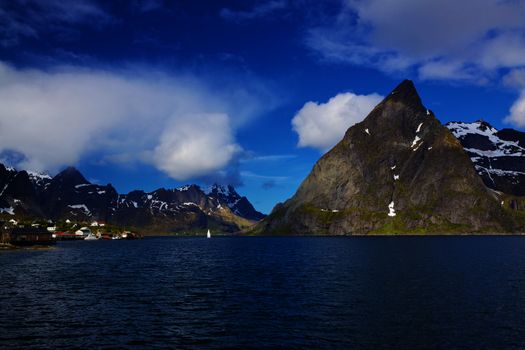 Scenic norwegian fjord on Lofoten during sunny summer day