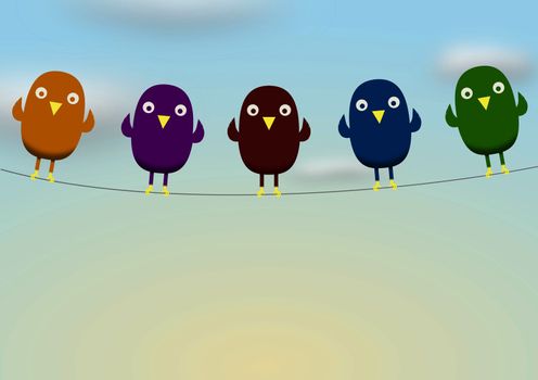Illustration of five birds standing on a line