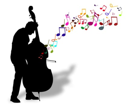 Illustration of a person playing a Bass with musical notes