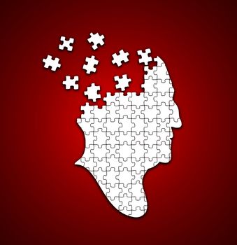 Red and white illustration of a person with missing puzzle pieces in their head