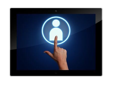 Tablet Computer with a hand pressing social media icon 