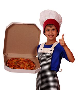 happy boy chef hold box with pizza