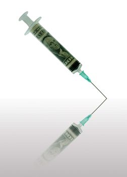 Injection needle containing dollar banknotes