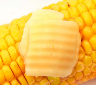 Closeup of butter melting on cooked corn on the cob