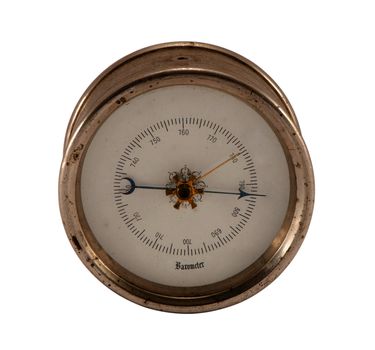 old vintage barometer forecasting weather isolated on white background.