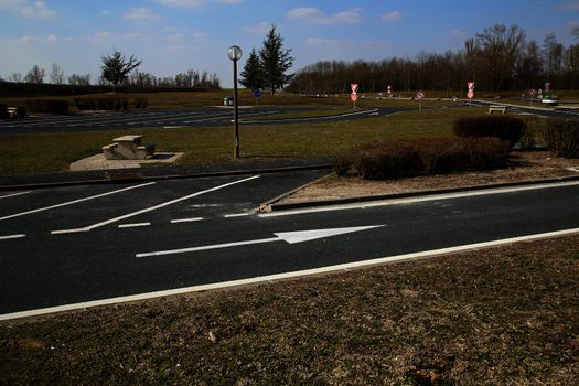 An empty rest area, parking lot (autoroute aire de repos) along the French highway