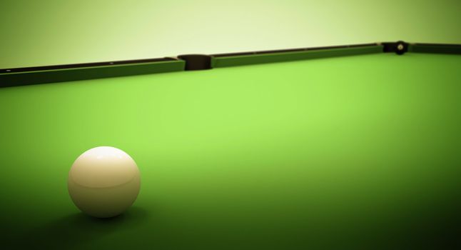 A white ball in the center of a pool table and the 8 ball near the left corner pocket.