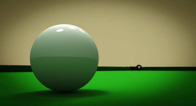 A white ball in the center of a pool table and the 8 ball near the left corner pocket.