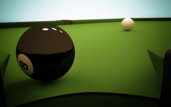 A white ball in the center of a pool table and the 8 ball near the corner pocket, viewed from within the pocket.