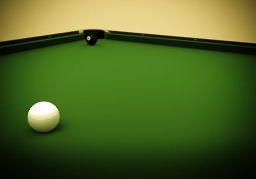 A white ball in the center of a pool table and the 8 ball near the left corner pocket.