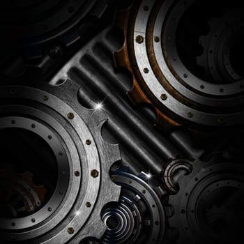 Mechanical template with metallic gears on gray grunge background