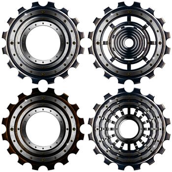 Four metal and bronw gears with bolts isolated on white background