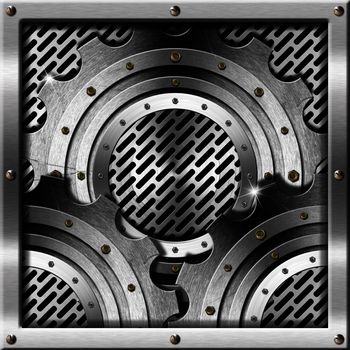 Three Metallic gears on metal grid - Industrial Background


