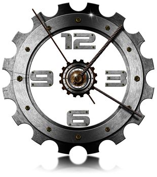 Grunge metal clock gear-shaped on white background with metal cable
