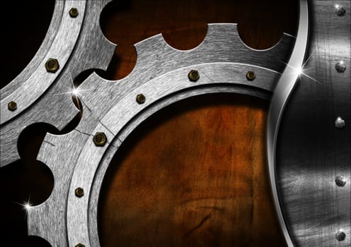 Mechanical template with metallic gears on brown grunge background
