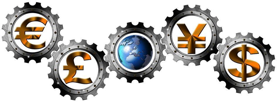 4 currency symbols euro pound dollar yen and globe in metal gears