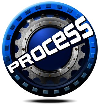 Process blue and metal button on white background