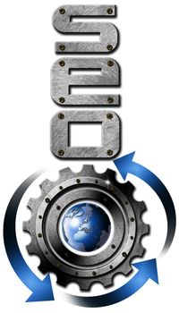 Illustration with metal written SEO, metal gear and blue globe