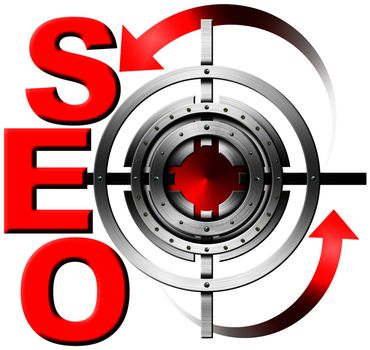 Illustration with red written SEO, metal target and red arrows
