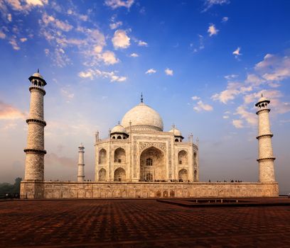 Taj Mahal on sunrise sunset, Indian Symbol - India travel background. Agra, Uttar Pradesh, India