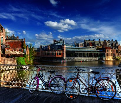 Bicycle is very common and popular transport in Europe. Bicycles in european town street. Ghent, Belghium