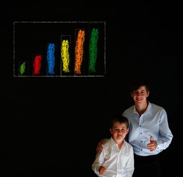 Thumbs up boy dressed up as business man with teacher man and chalk graph or chart on blackboard background