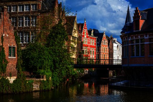 Travel Belgium medieval european city town background with canal. Ghent, Belgium