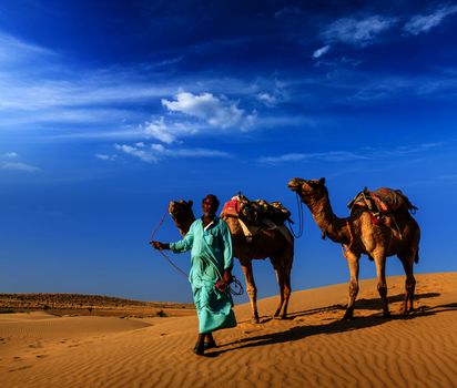 Rajasthan travel background - Indian cameleer (camel driver) with camels in dunes of Thar desert. Jaisalmer, Rajasthan, India