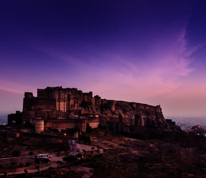 Mehrangarh Fort in twilight on sunset, Jodhpur, Rajasthan, India