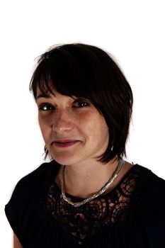 variation of expression on the face of a young brunette woman in studio with a colored scarf