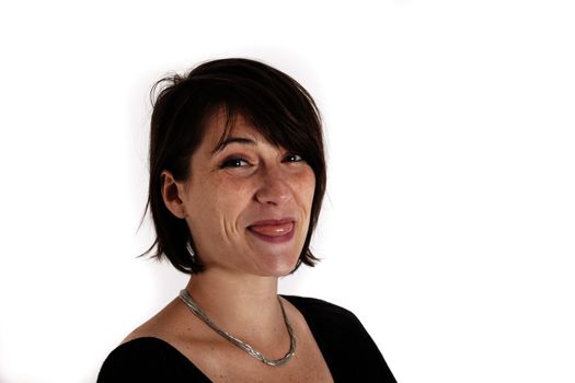 variation of expression on the face of a young brunette woman in studio with a colored scarf