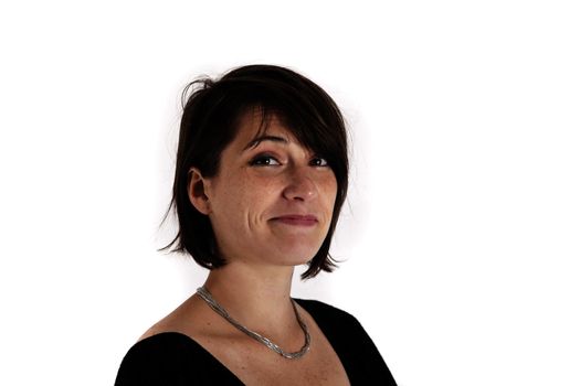 variation of expression on the face of a young brunette woman in studio with a colored scarf