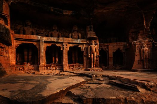 Rockcut Statues of Jain thirthankaras in rock niches near Gwalior fort. Gwalior, Madhya Pradesh, India