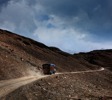 Manali-Leh Road in Indian Himalayas with lorry. Himachal Pradesh, India
