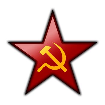 Glossy icon in the shape of the red star with the symbols of communism. Isolated