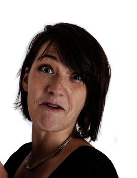 variation of expression on the face of a young brunette woman in studio with a colored scarf