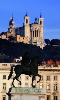 famous statue and Fourviere basilic in Lyon, France