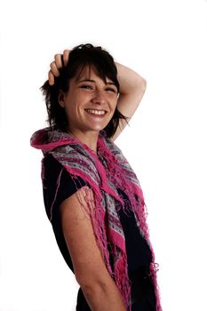 young brunette woman playing with her hair like a mannequin isolated on studio