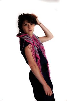 young brunette woman playing with her hair like a mannequin isolated on studio