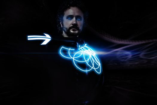 Future man, science fiction image, warrior with neon shield