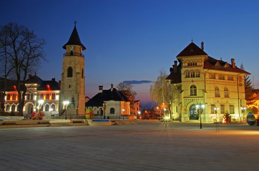 City square in Piatra Neamt: Royal Court  with Stephen the Great Church and Tower